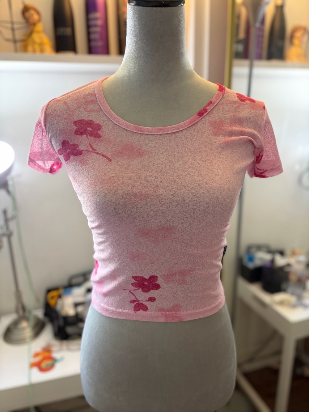 Pink Floral Sheer Short-Sleeve Women's Top